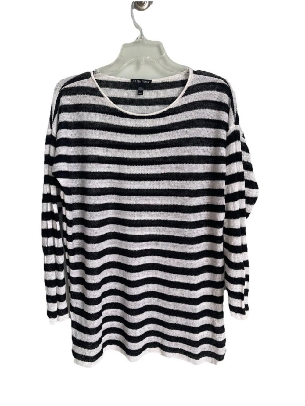 Eileen Fisher Black White Striped Linen Sweater Long Sleeve